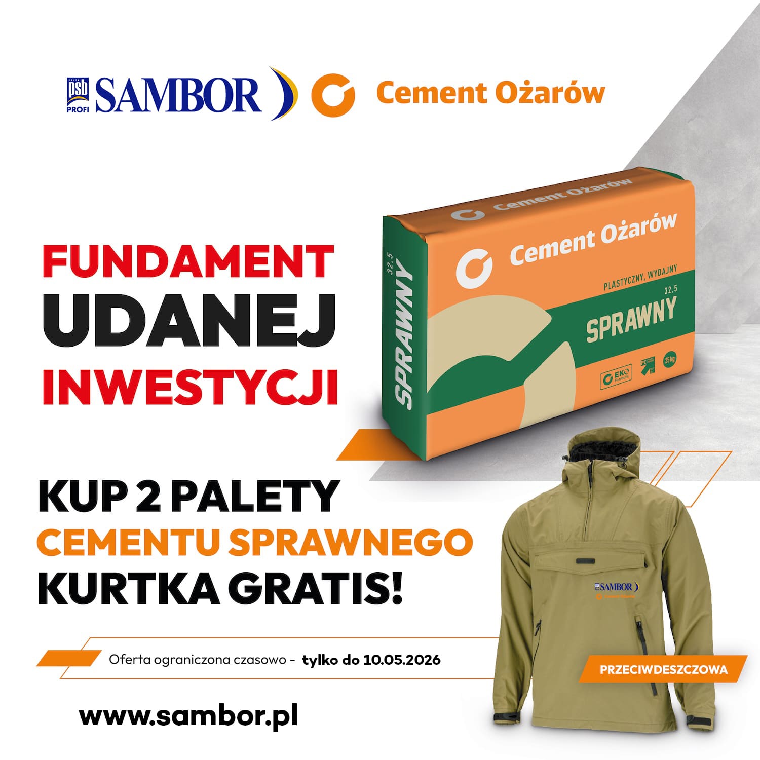 🏗️ Kup cement „SPRAWNY” Cement Ożarów i zgarnij kurtkę przeciwdeszczową GRATIS! 🧥🌧️